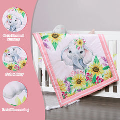 Cloele elephant bedding comforter with pink and sunflower motif