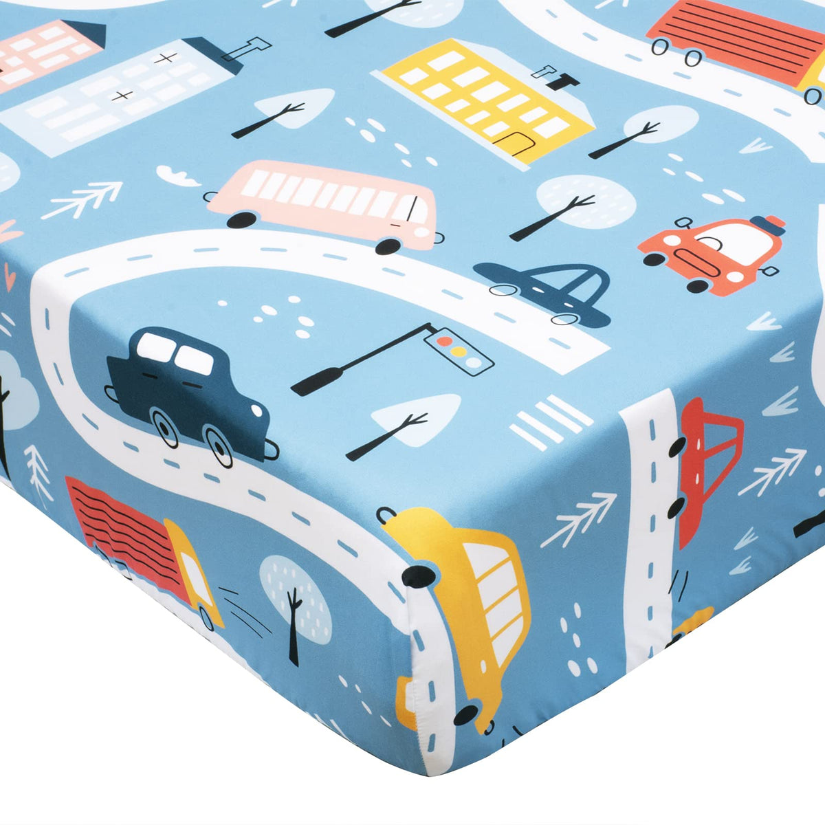 Cloele fitted crib sheet with blue car pattern for standard cribs provides cozy sleep space.