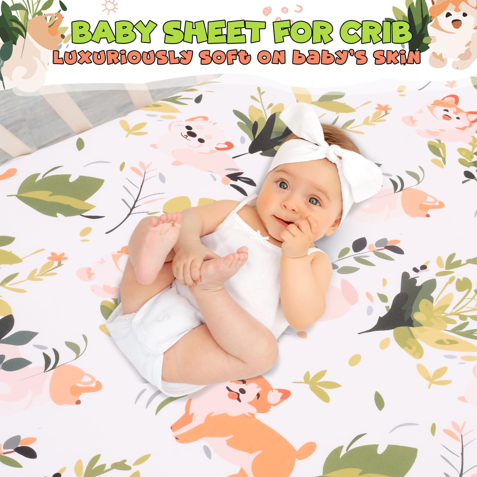 Cloele green leaves nursery sheet offers a fresh, breathable surface for infants.