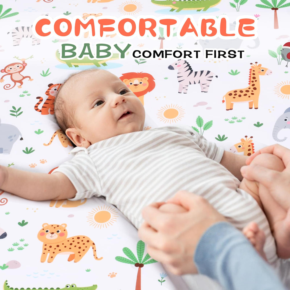 Cloele jungle animal playyard sheet adds playful nursery decor.