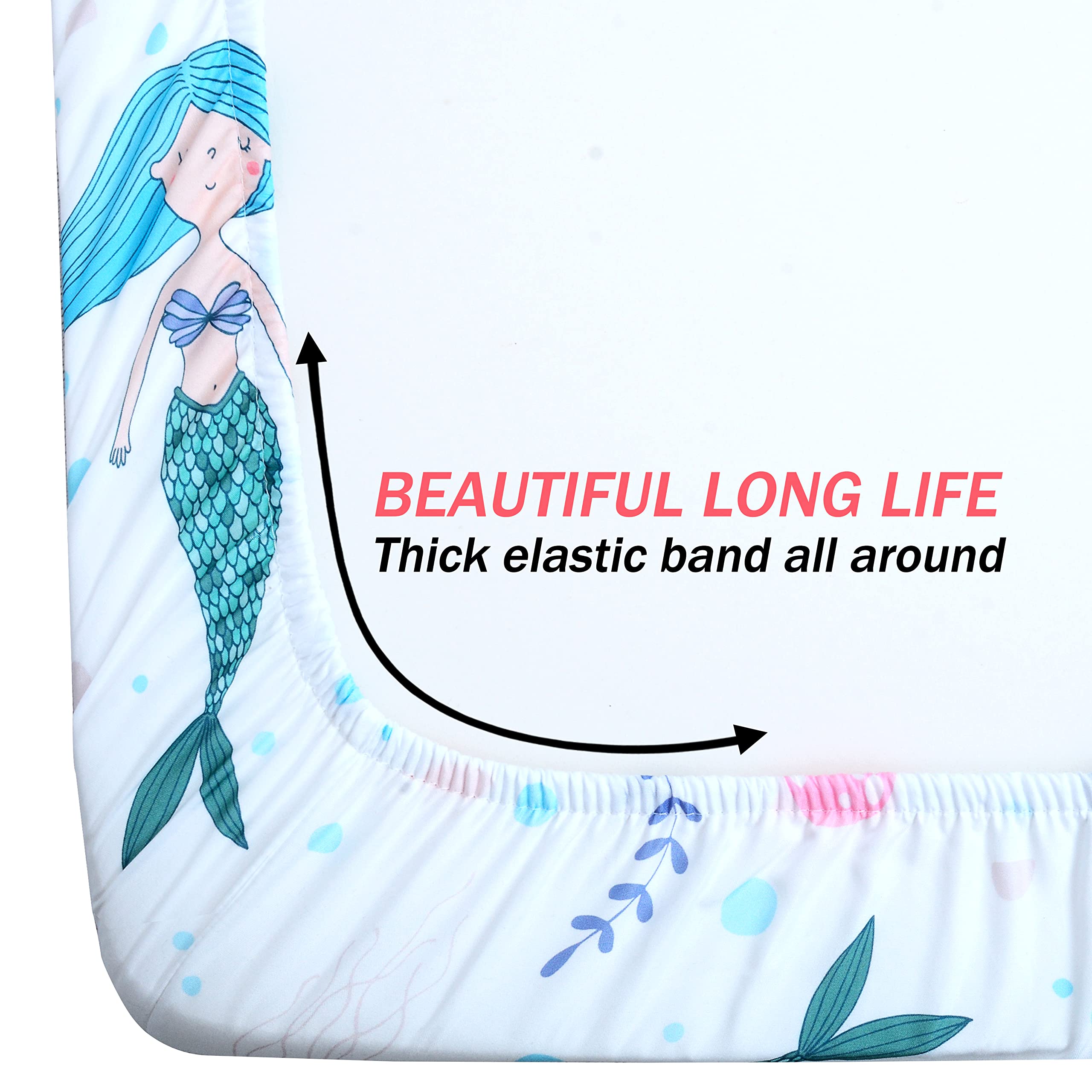 Cloele Mermaids crib sheet shown with care instructions for easy maintenance.