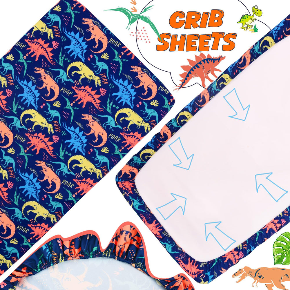Cloele navy packaging showing a complete 3-piece dinosaur crib bedding set.