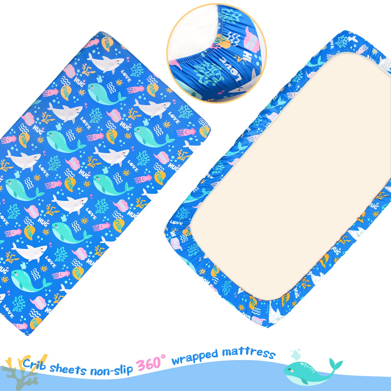 Cloele Ocean blue crib sheet shows durable, fade-resistant material.