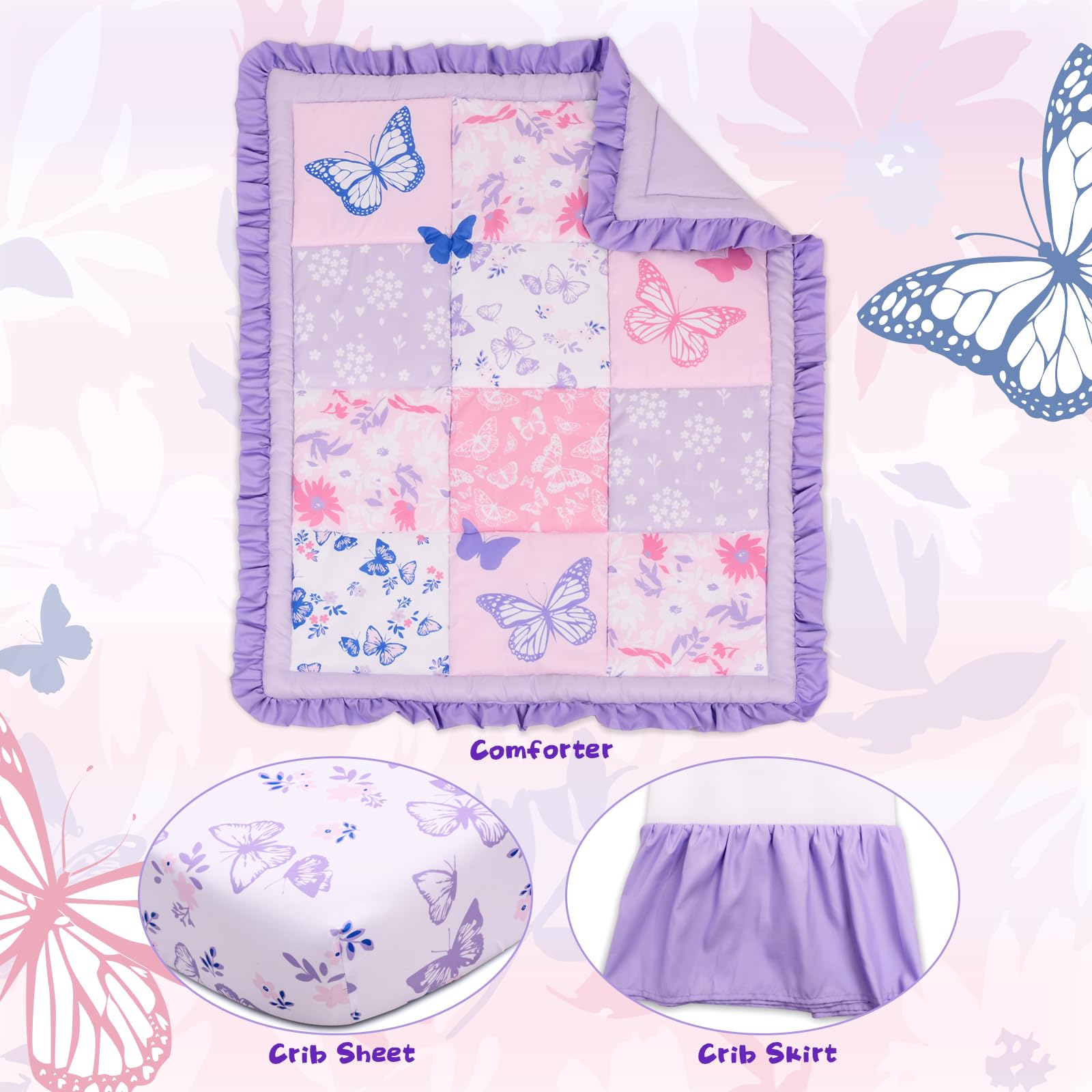 Cloele purple crib skirt with 10-inch drop elevates nursery decor