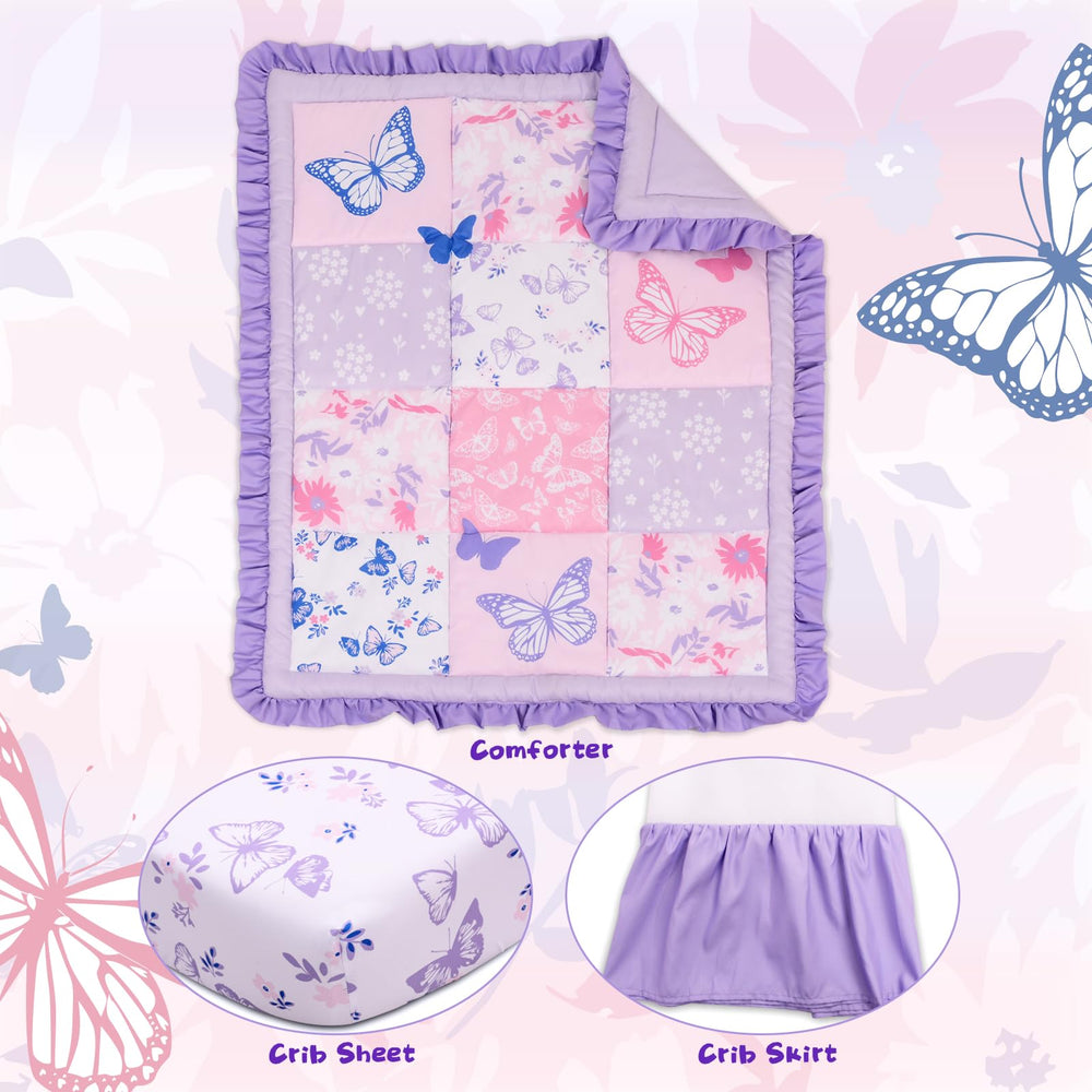 Cloele purple crib skirt with 10-inch drop elevates nursery decor