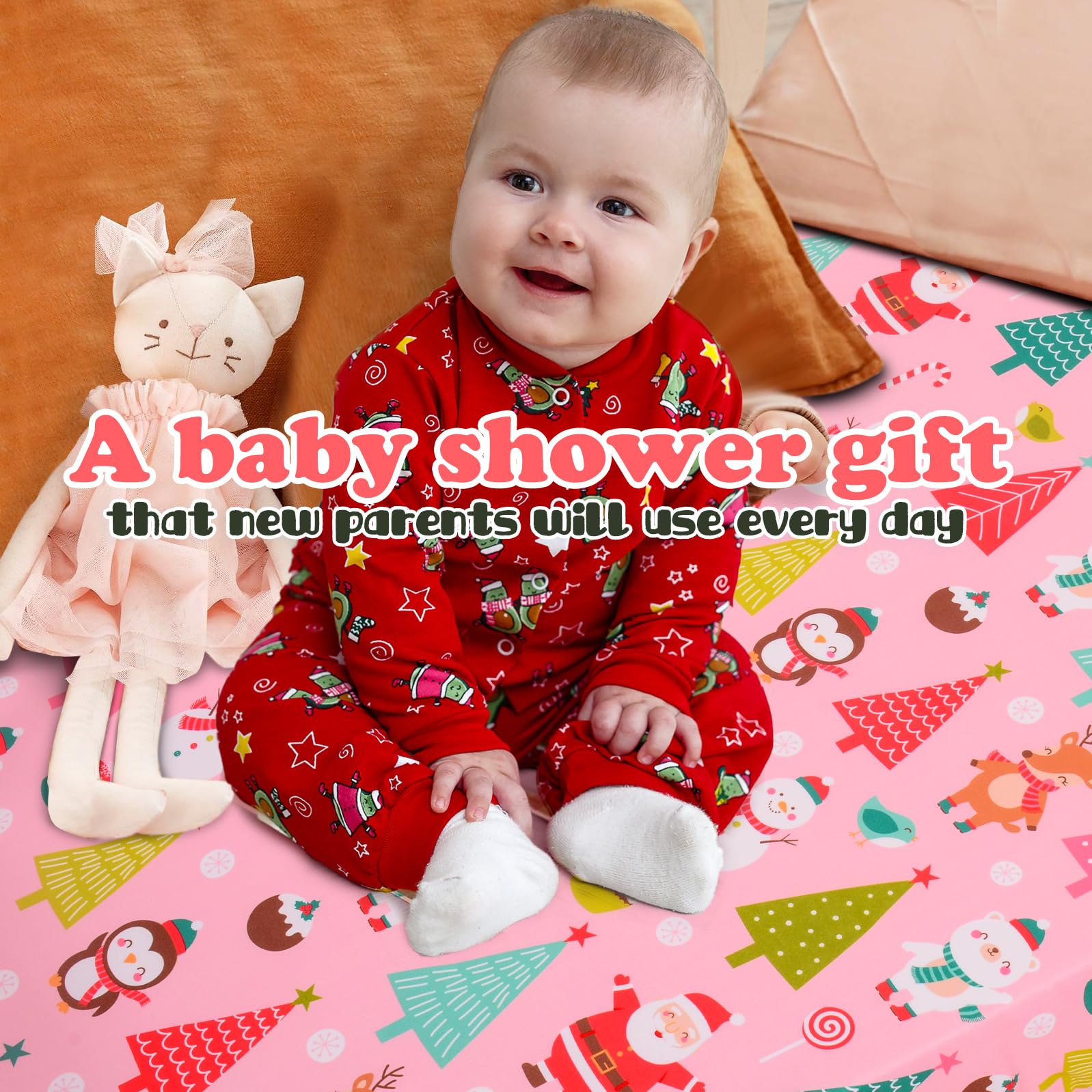 Cloele Santa crib sheet close-up highlights quality fabric and festive detail.