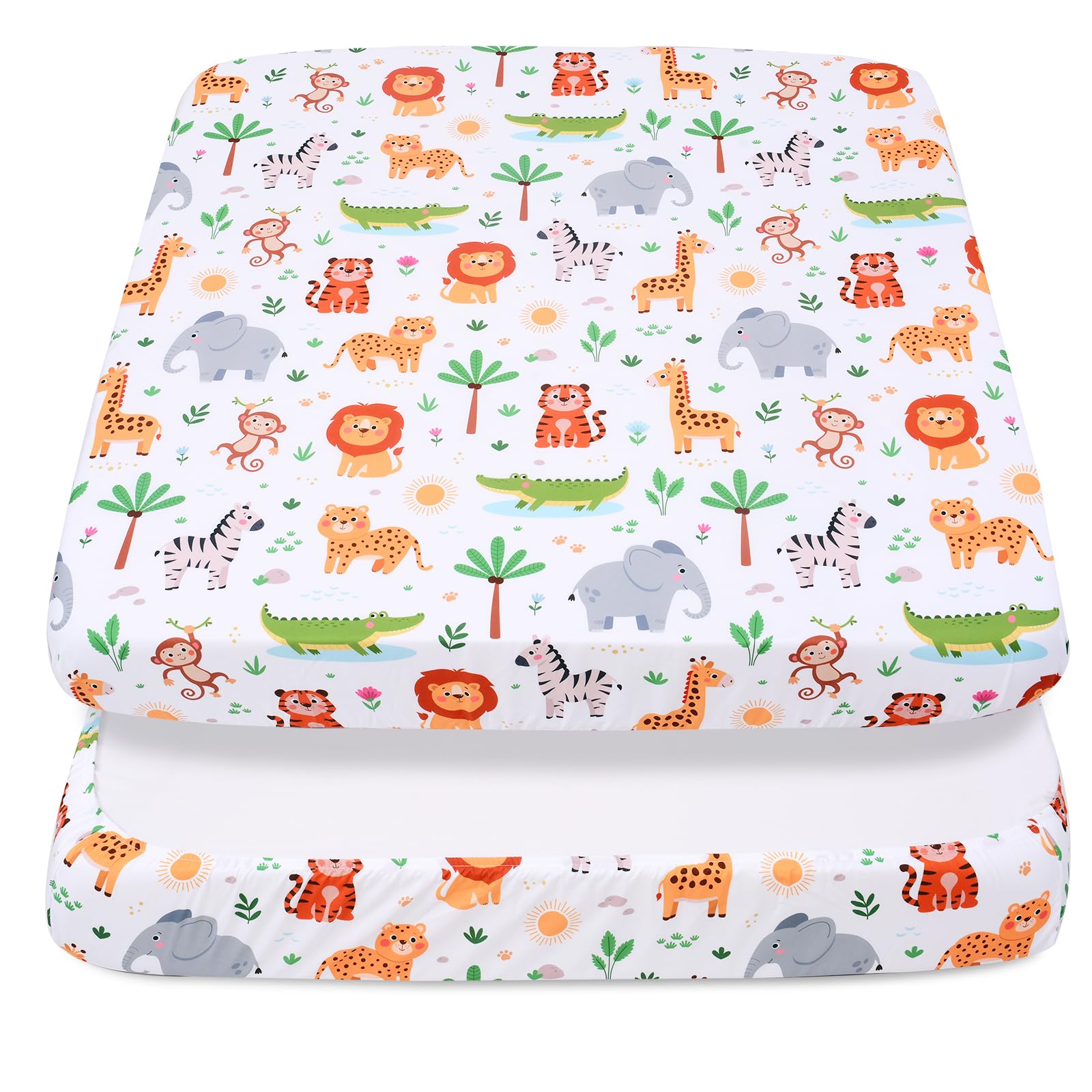 Cloele square playard sheet Jungle fabric offers soft, breathable comfort for baby.