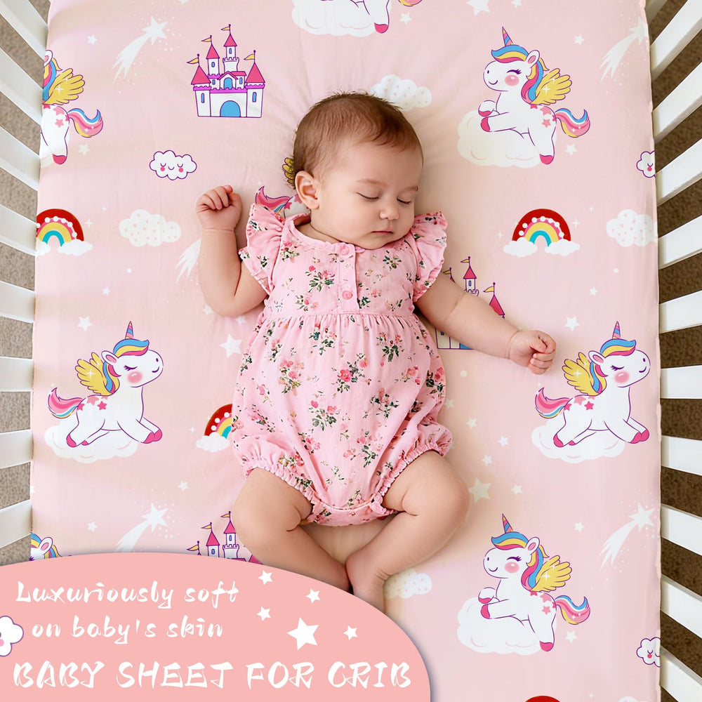 Cloele sheet showcases pastel pink unicorns and castles for charming nursery decor