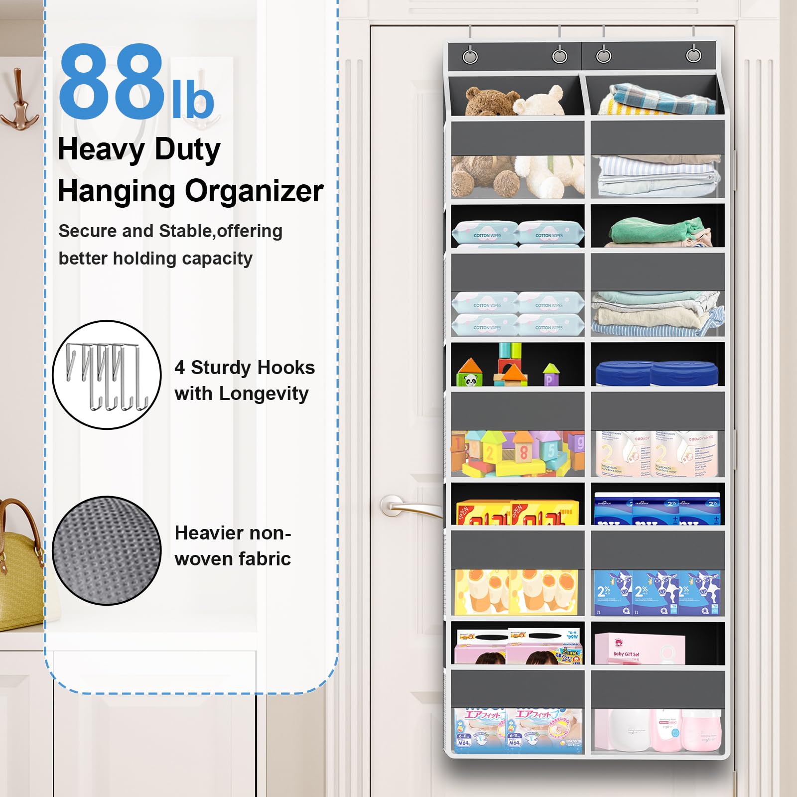 Clothink eco-friendly fabric door organizer with transparent front for quick item search.