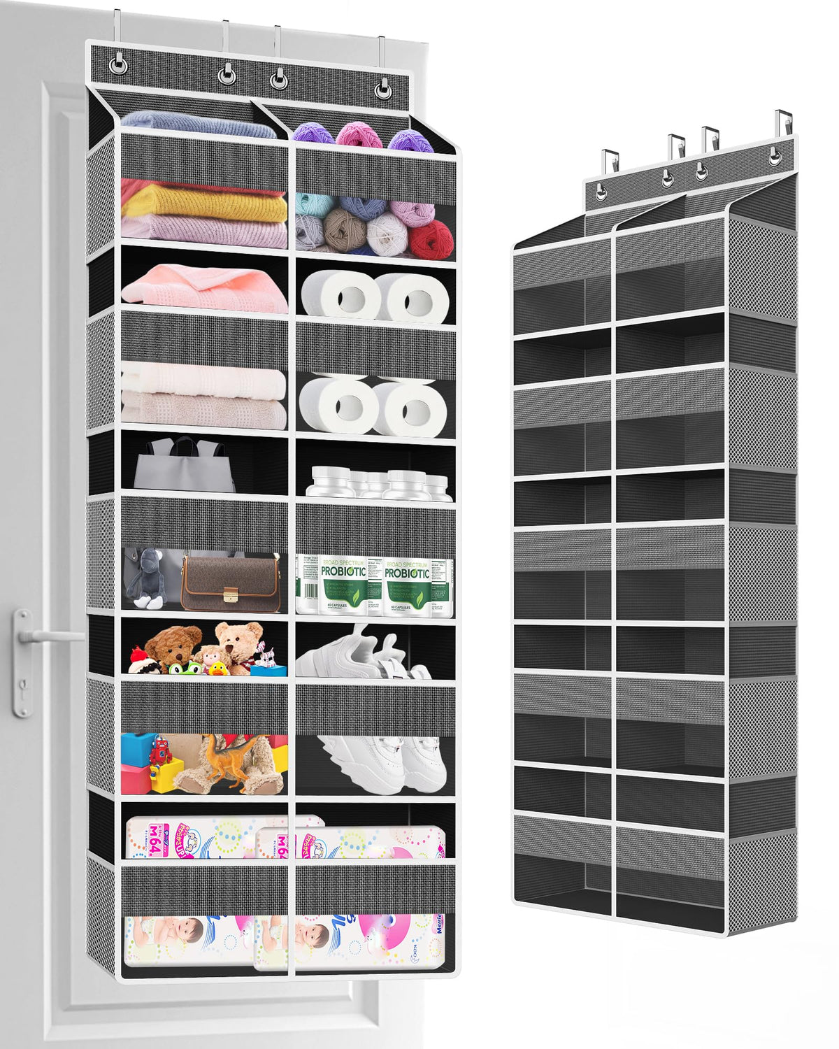 Clothink over-the-door organizer five-tier offers space-saving storage behind a door.