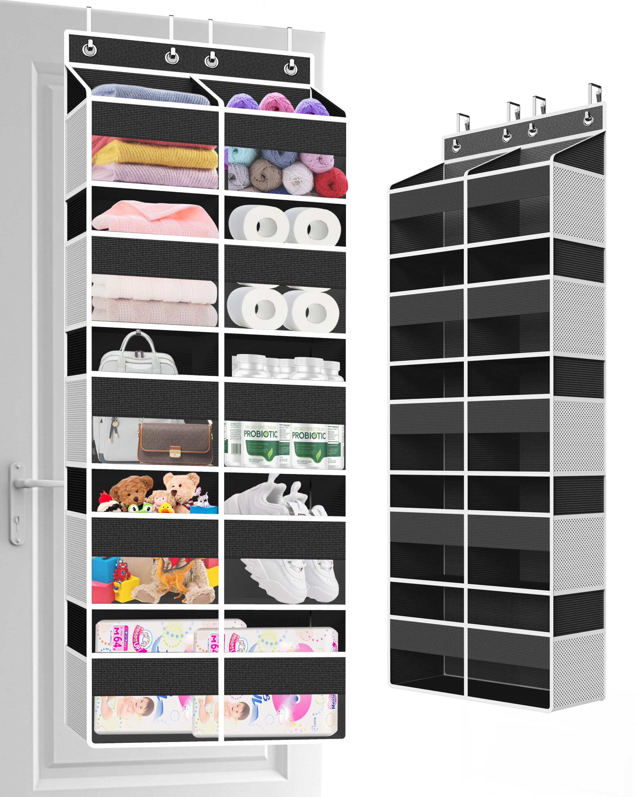 Clothink 5-tier over-the-door organizer behind a door showing large capacity.