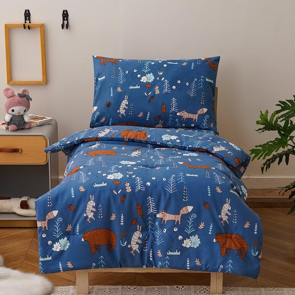 CLOTHKNOW animal toddler bedding comforter in navy with soft, cozy texture for bedtime.