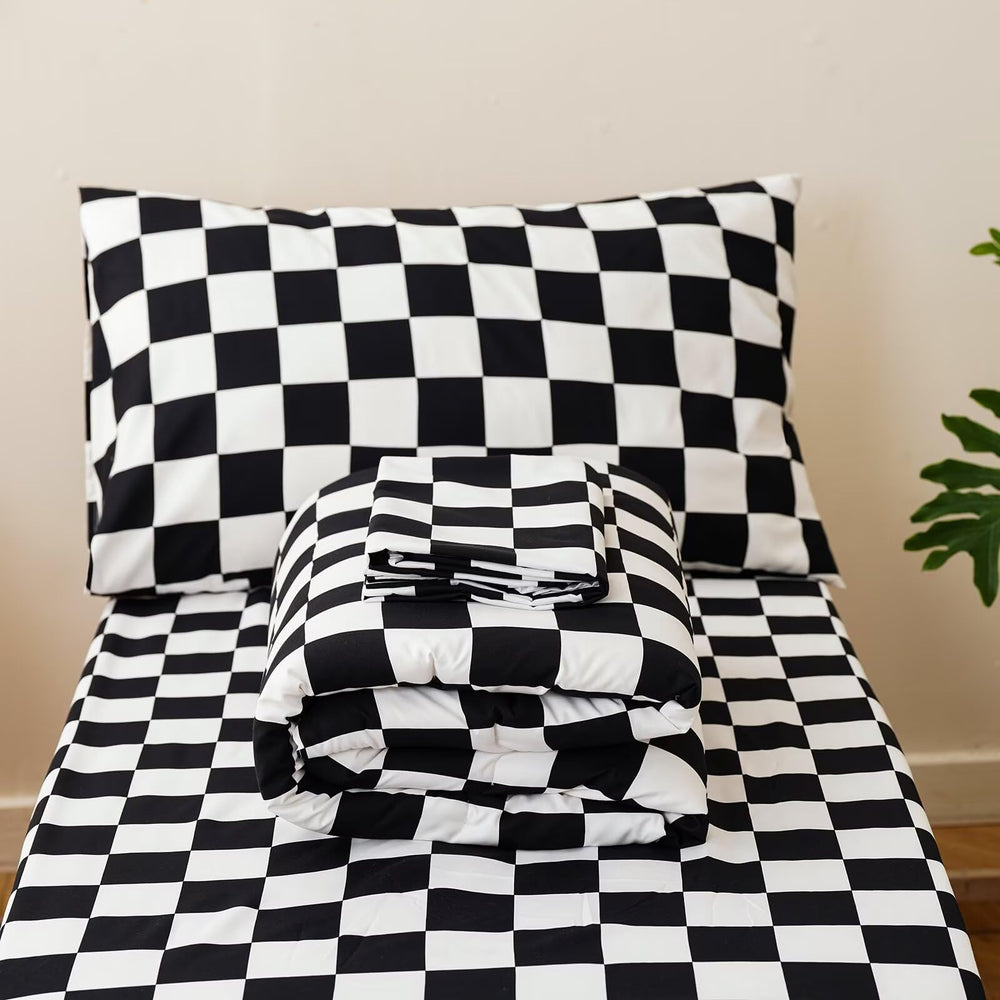 CLOTHKNOW black-white plaid reverses to brown for two looks.