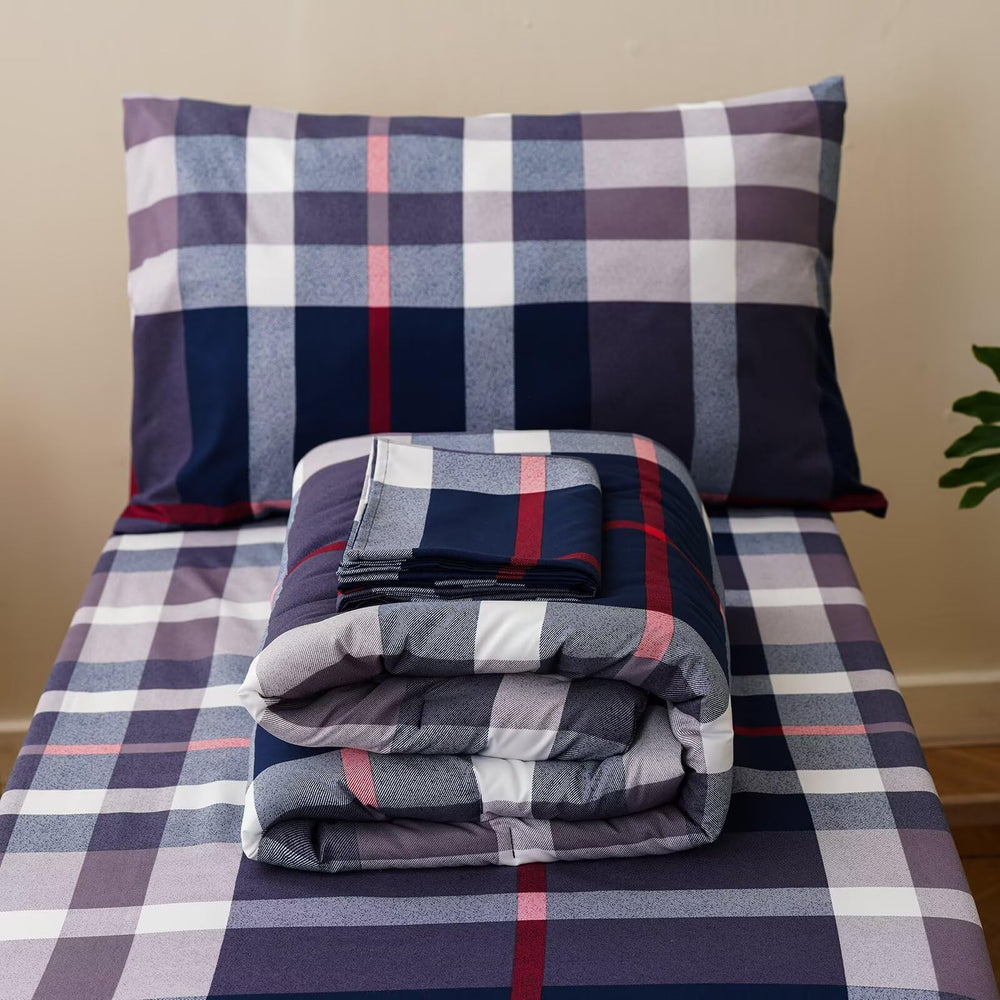 ClothKnow blue plaid toddler bedding set layout showing all pieces