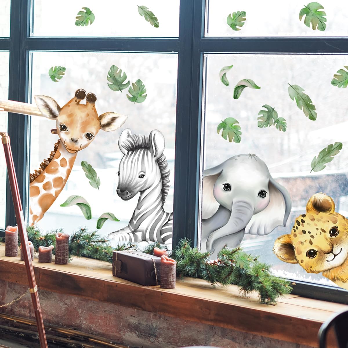 Clothmile jungle scene watercolor window sticker creates a vibrant forest vibe.