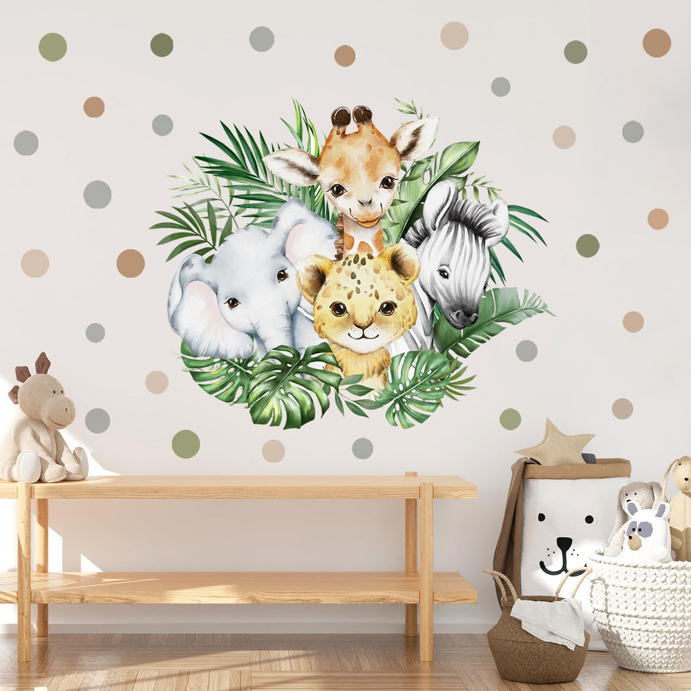 clothmile watercolor jungle scene wall decal shows multiple animals together