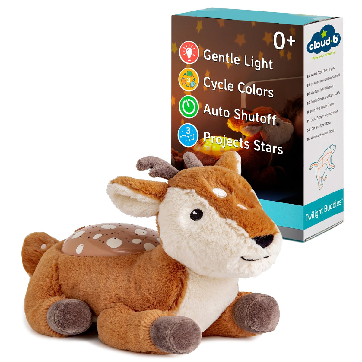 Cloud b calming nightlight star projector featuring Fawn for soothing bedtime scenes.