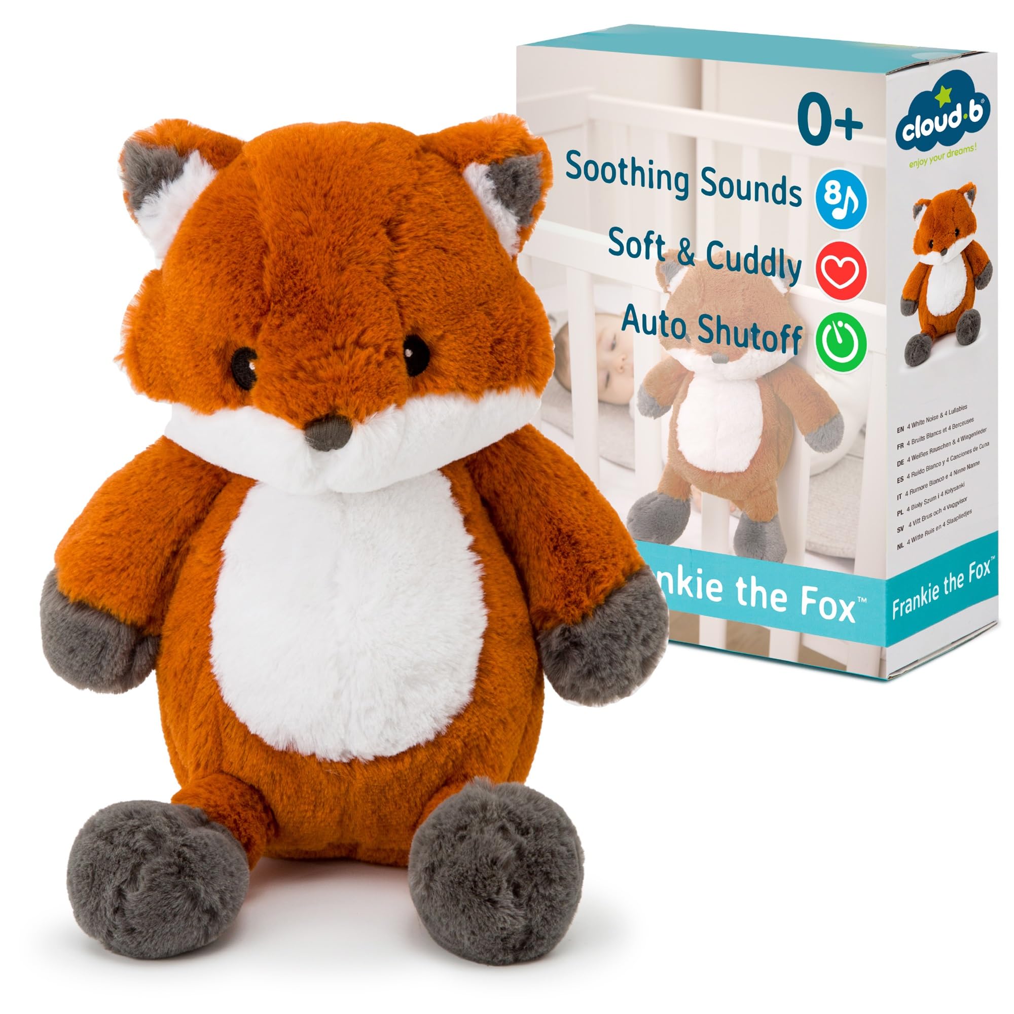 Cloud b Frankie the Fox sound machine attached to a crib for bedtime routine