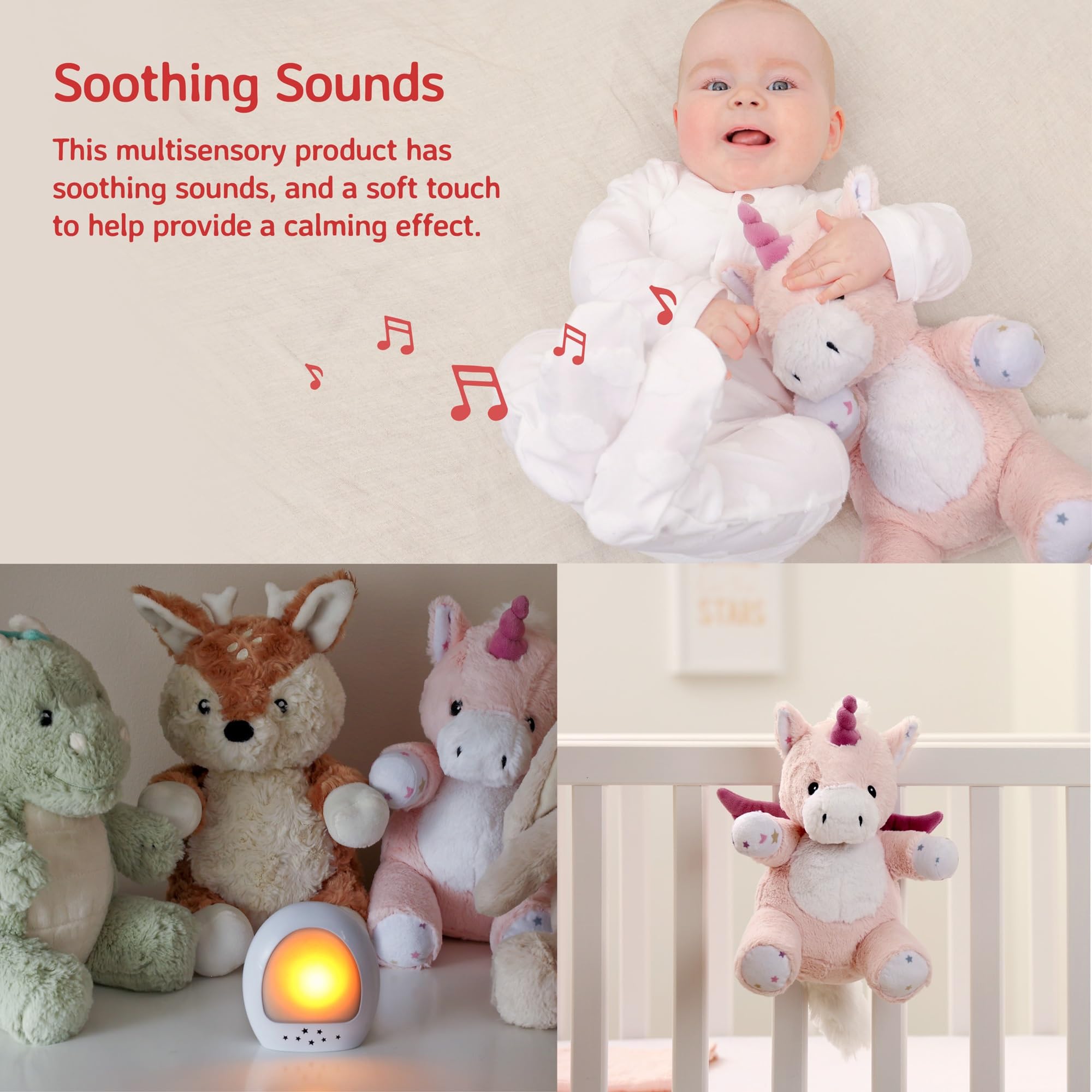 Cloud b LoveLight Buddies unicorn close-up with soothing heartbeat sounds.