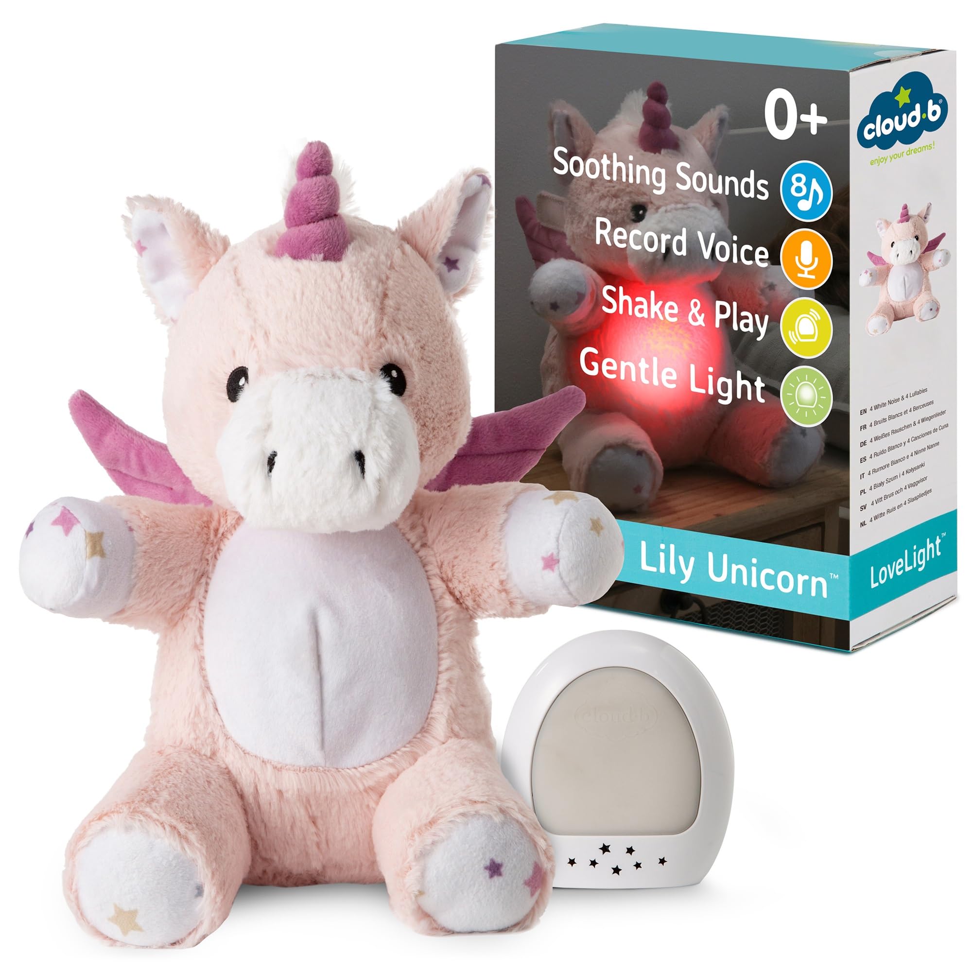 Cloud b LoveLight Buddies Unicorn nightlight glows softly to soothe babies.