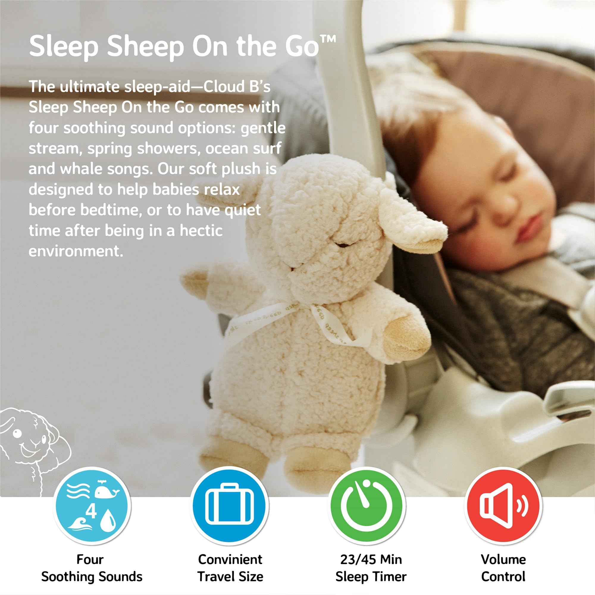 Sleep Sheep On The Go clips to stroller for travel-friendly bedtime comfort.