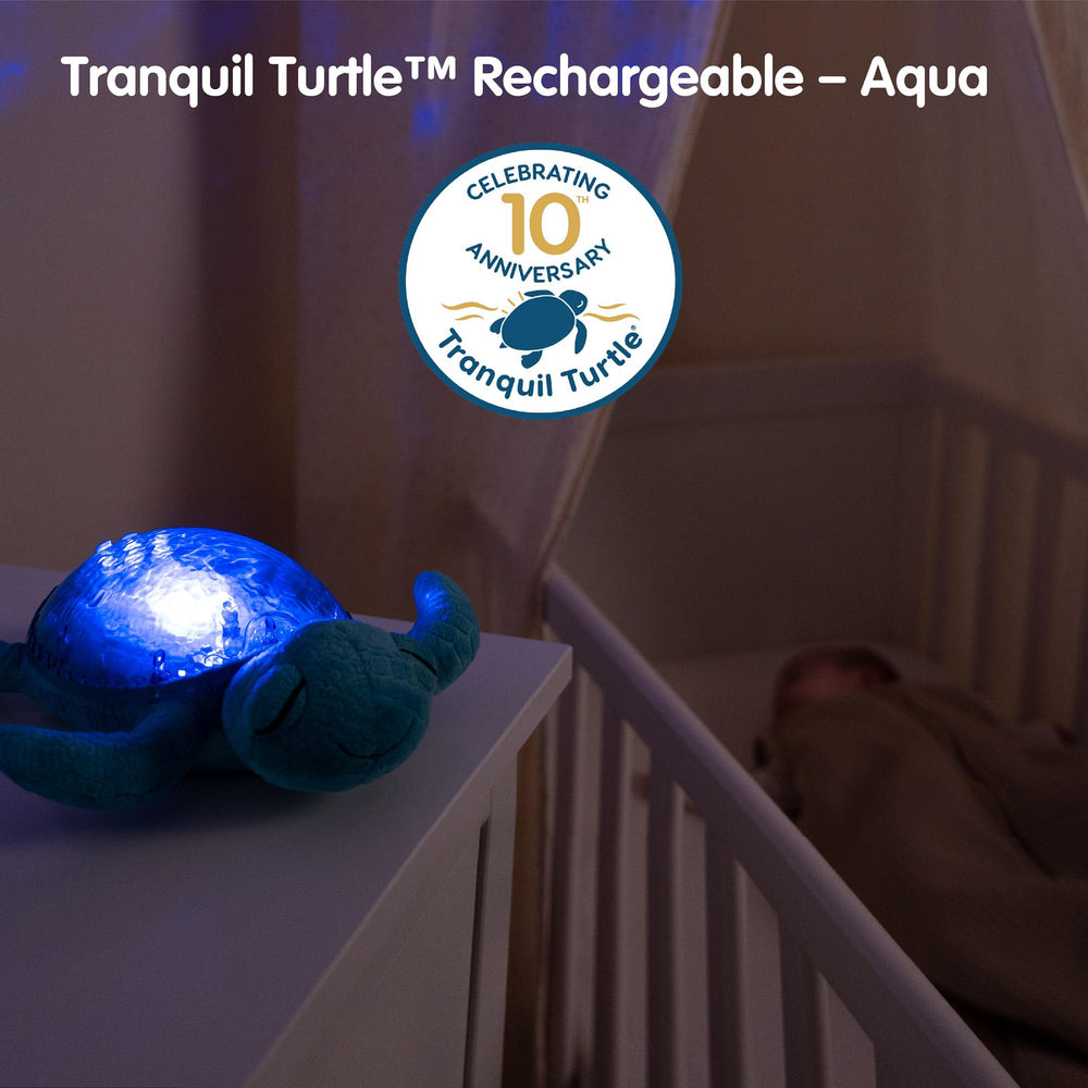 Cloud b Tranquil Turtle Aqua cry sensor enhances responsive night-time comfort.