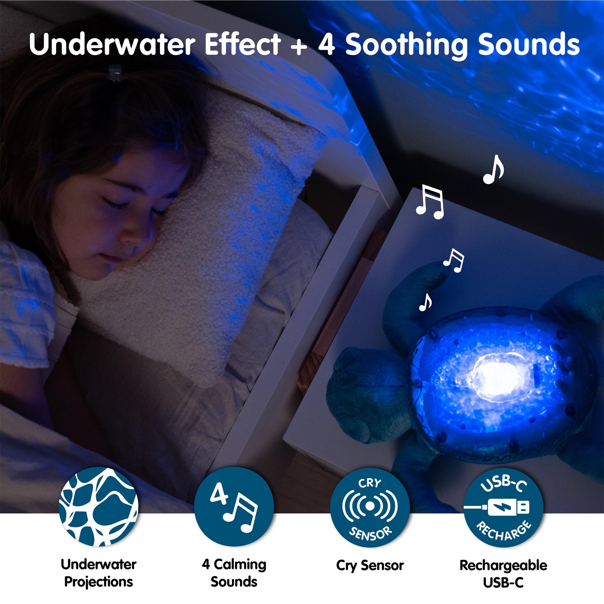 Cloud b Tranquil Turtle Aqua soft night light supports soothing sensory play.