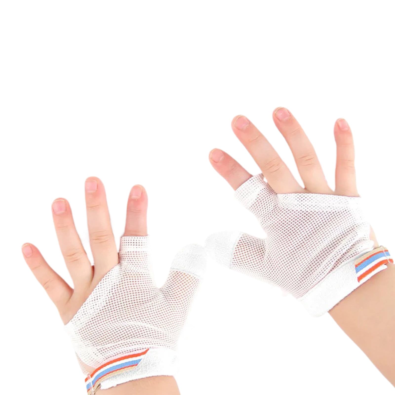 Cloverhome thumb-sucking guard on wrist, soft breathable fabric for comfort.