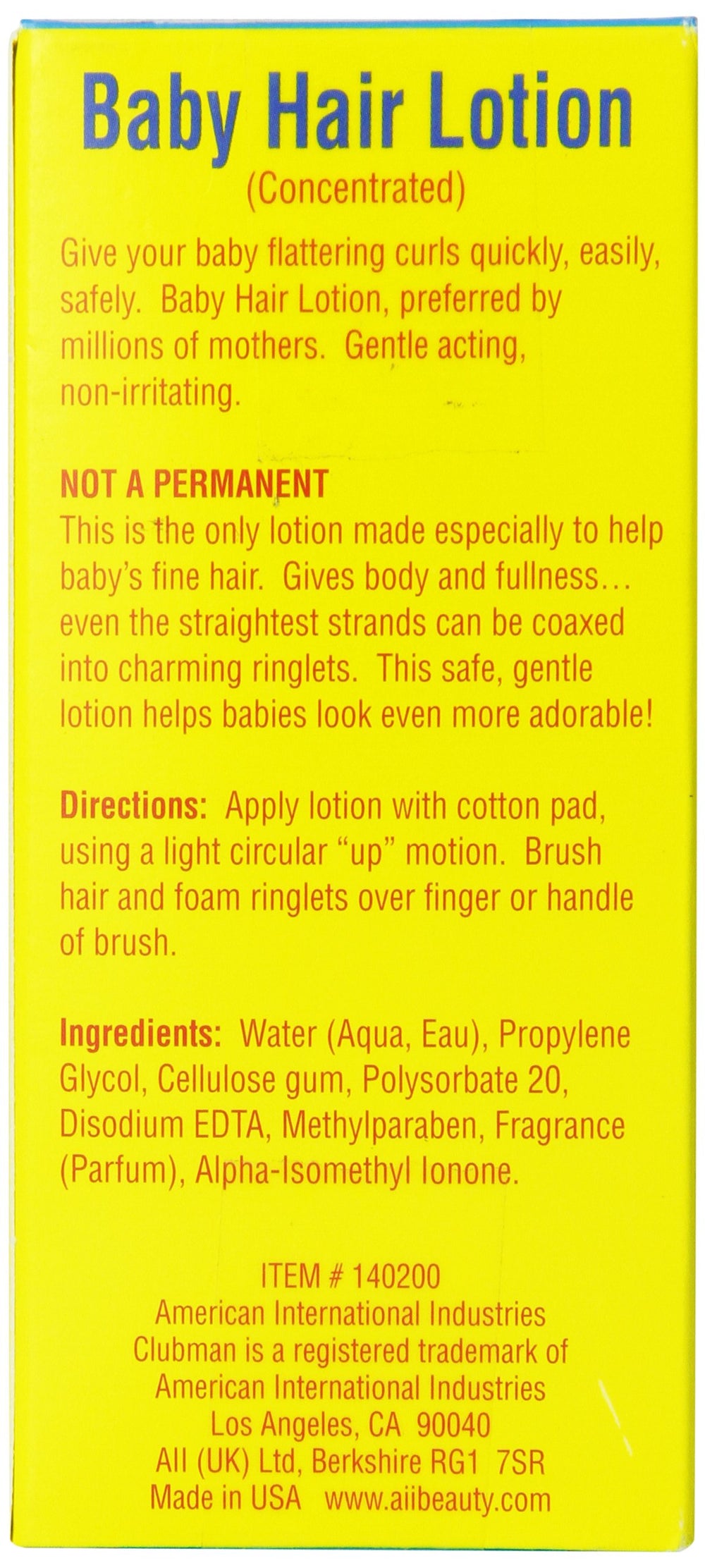 Clubman Baby Hair Lotion defining curls demonstrates light hold for soft, frizz-free baby curls.