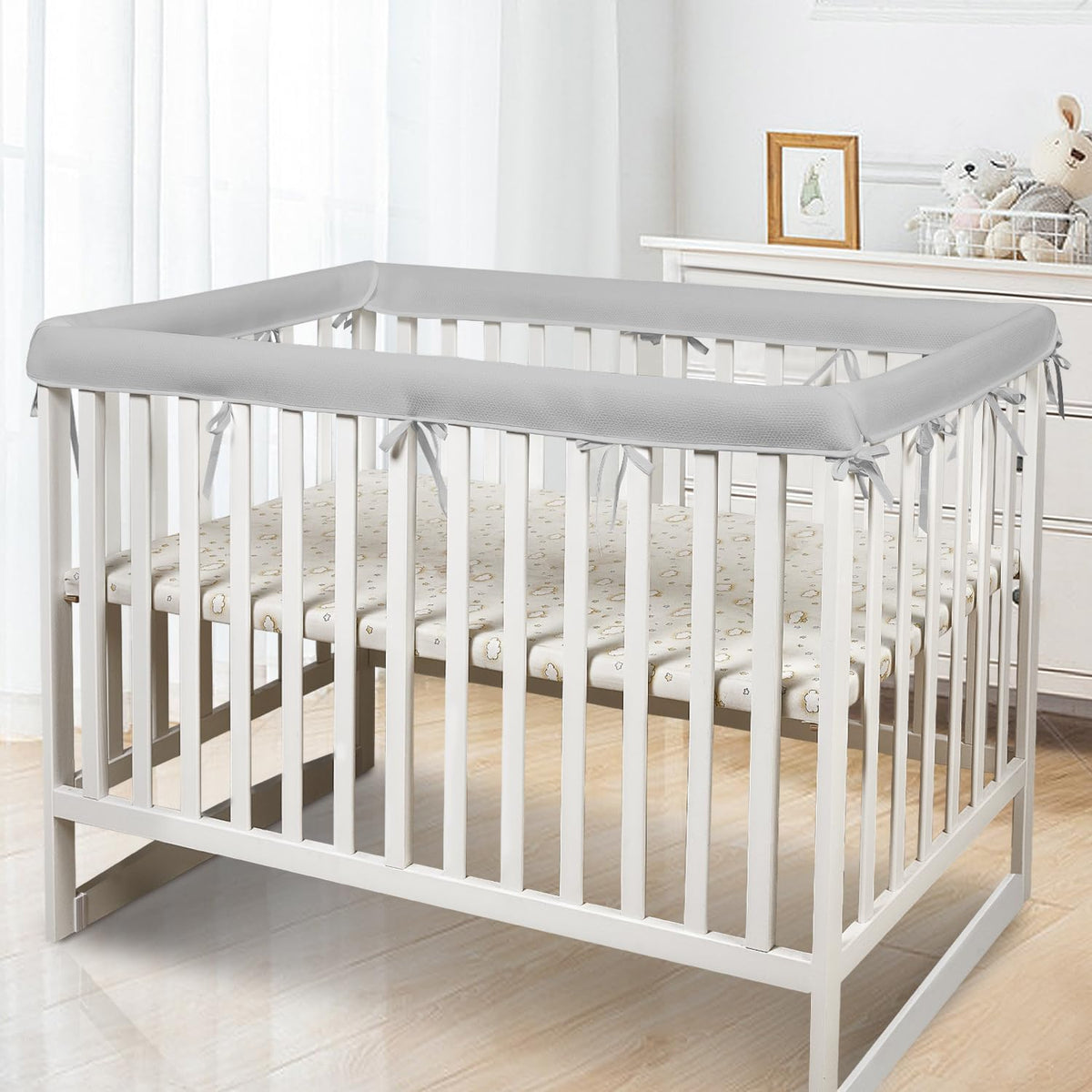 CLYCSRC crib top rail mesh set gray 4-pack demonstrates breathable fabric for safe sleep.