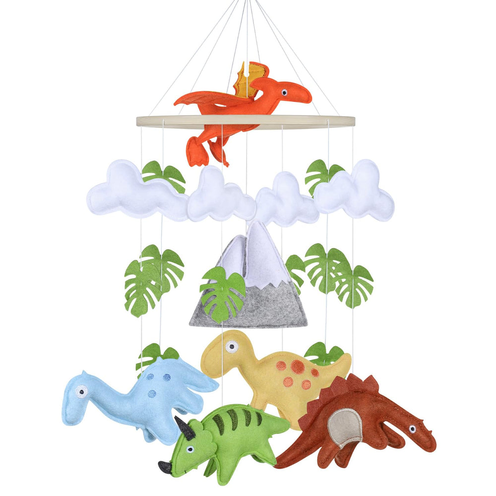 CLYMENE dinosaur baby mobile over crib for calming visual focus and gentle engagement.