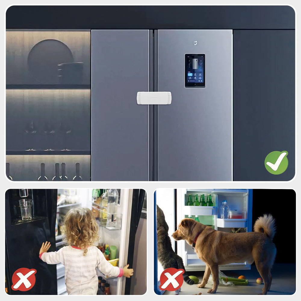CLYMENE fridge lock installed on fridge demonstrates quick one-handed access