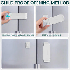 CLYMENE fridge lock one-handed operation close-up showing ease for adults to open