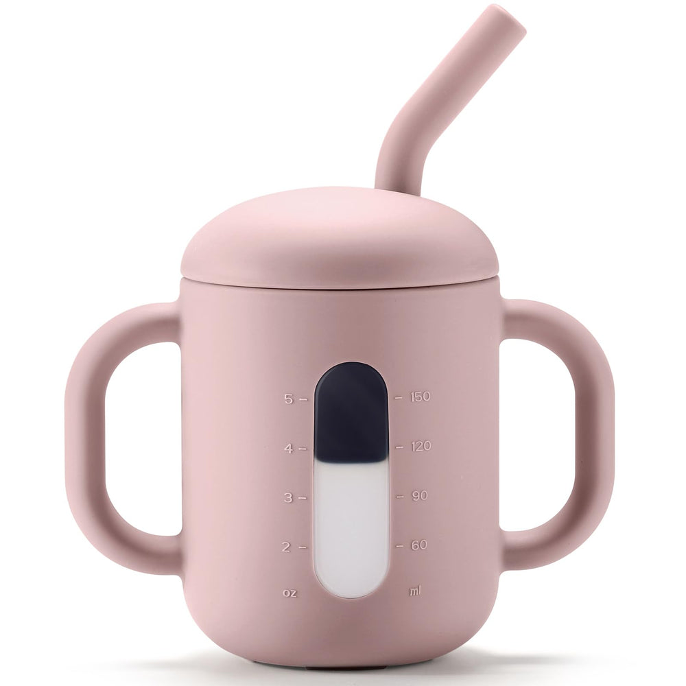 CLYMENE silicone training cup with straw and handles in blush for easy toddler sipping.