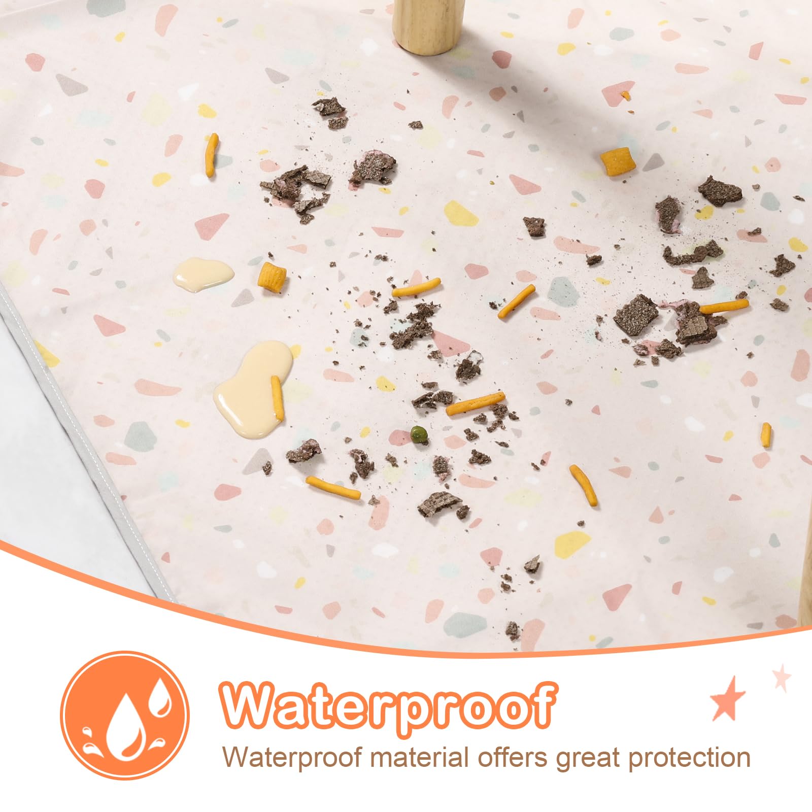 Large 51x51 inch splat mat provides ample coverage under high chairs.