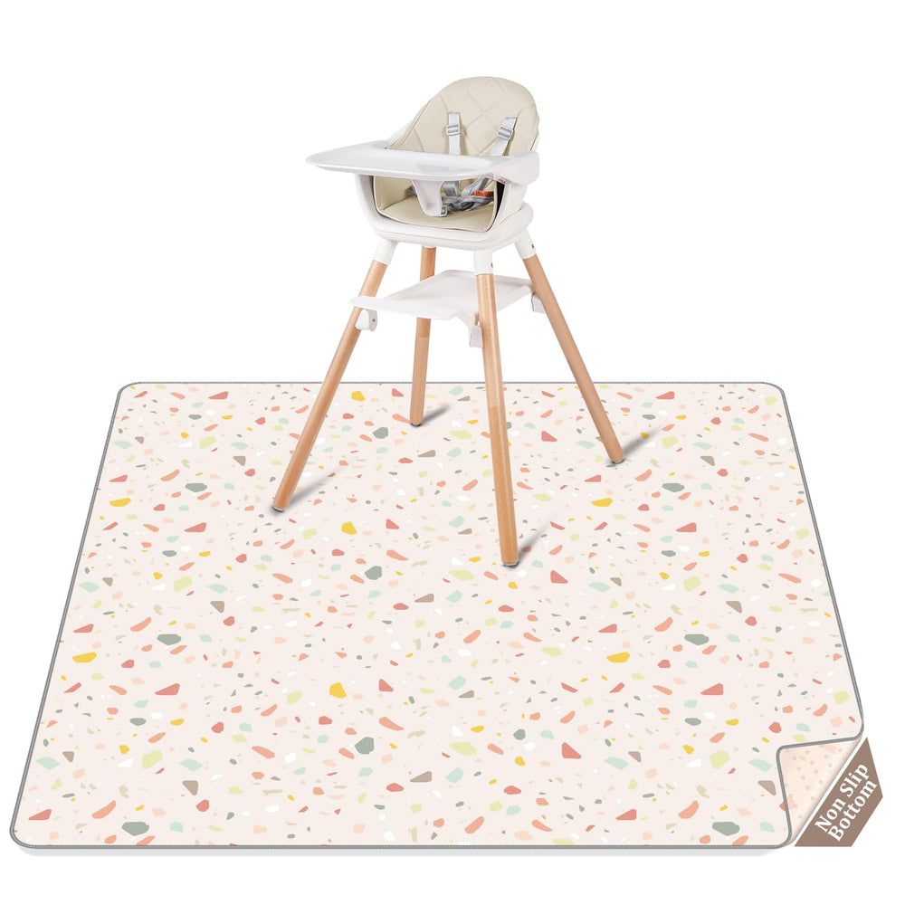 CLYMENE Splat Mat under high chair protects floors from spills and messes.