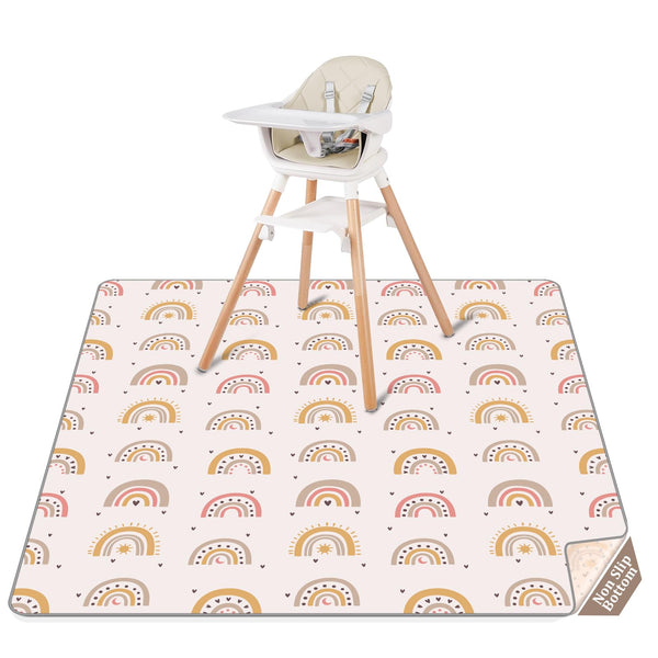CLYMENE splat mat under high chair protects floors from spills.