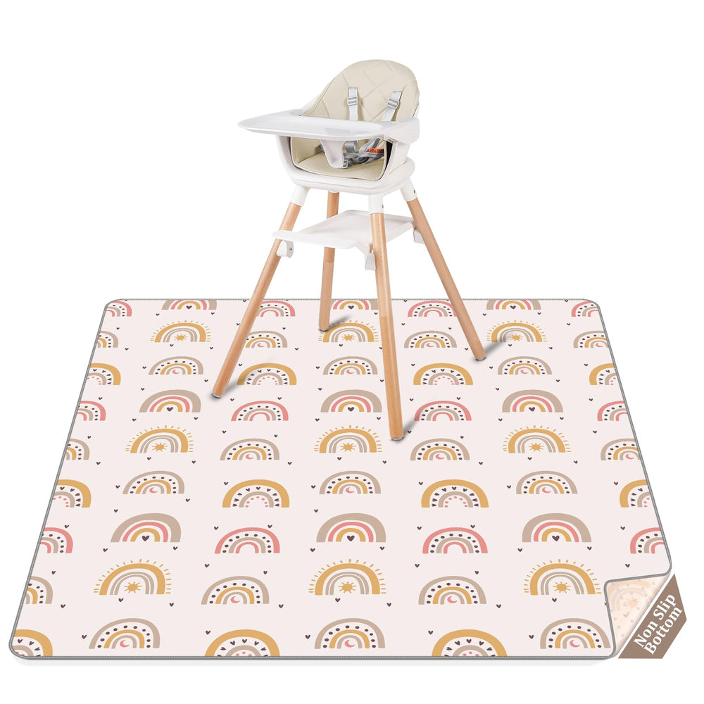 CLYMENE splat mat under high chair protects floors from spills.