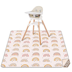 CLYMENE splat mat under high chair protects floors from spills.