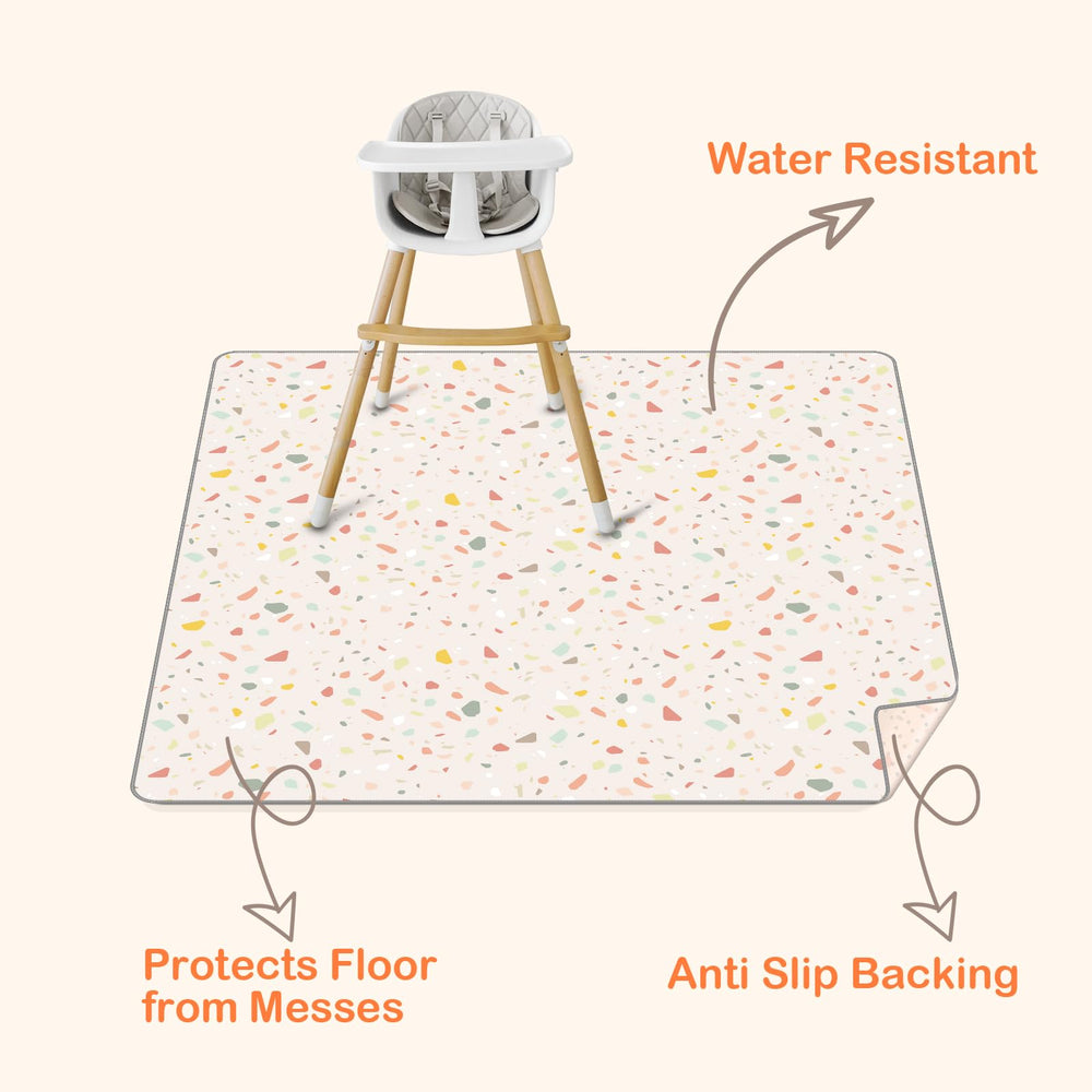 CLYMENE waterproof splat mat for quick wipe-clean cleanup after meals.