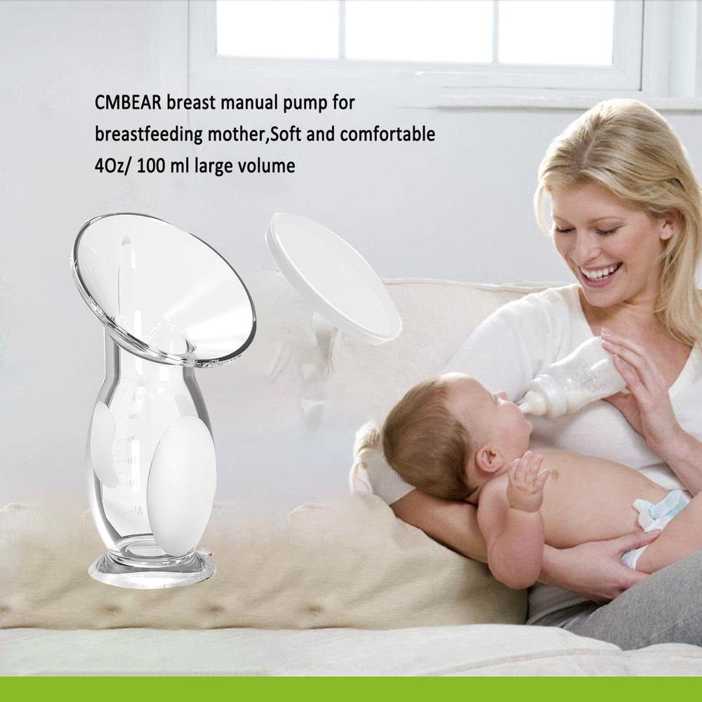 CMBEAR silicone manual breast pump shows 100ml capacity for quick measurement