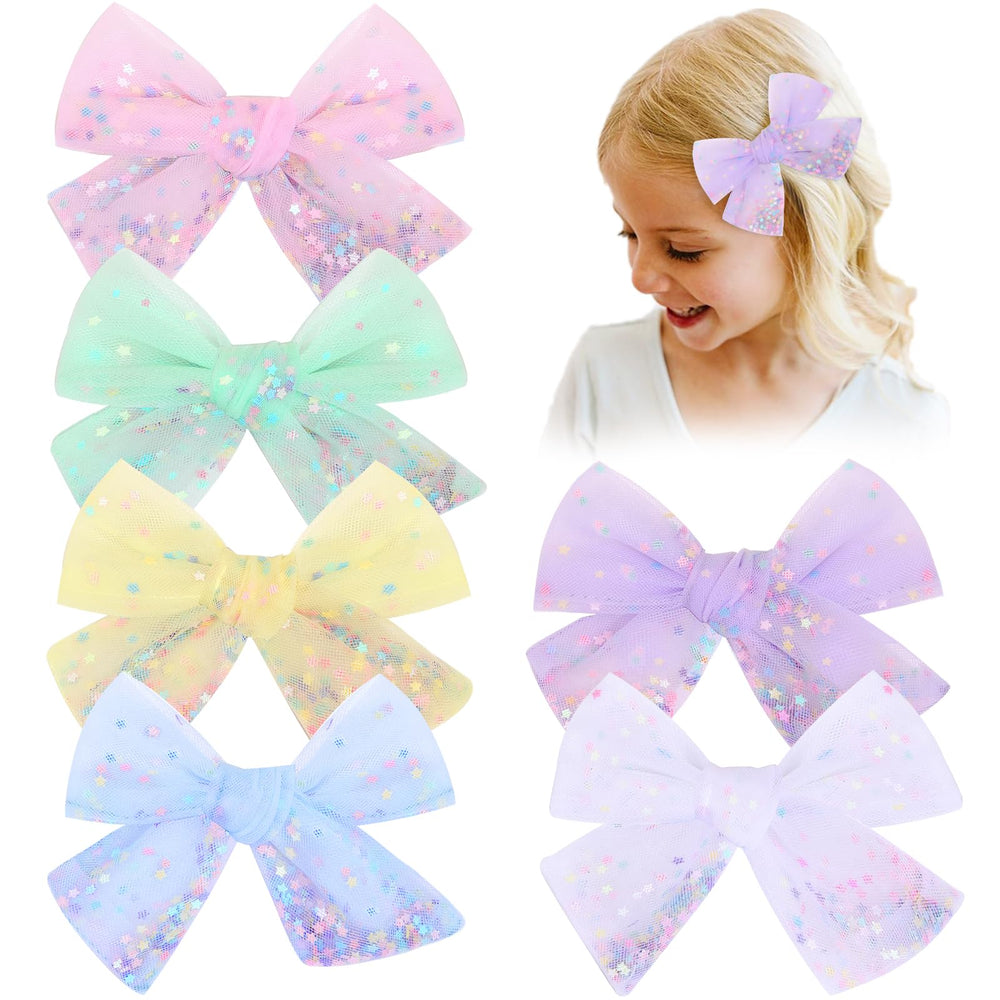 CN 6-pack tulle hair bows with pink stars for girls, ideal party accessory