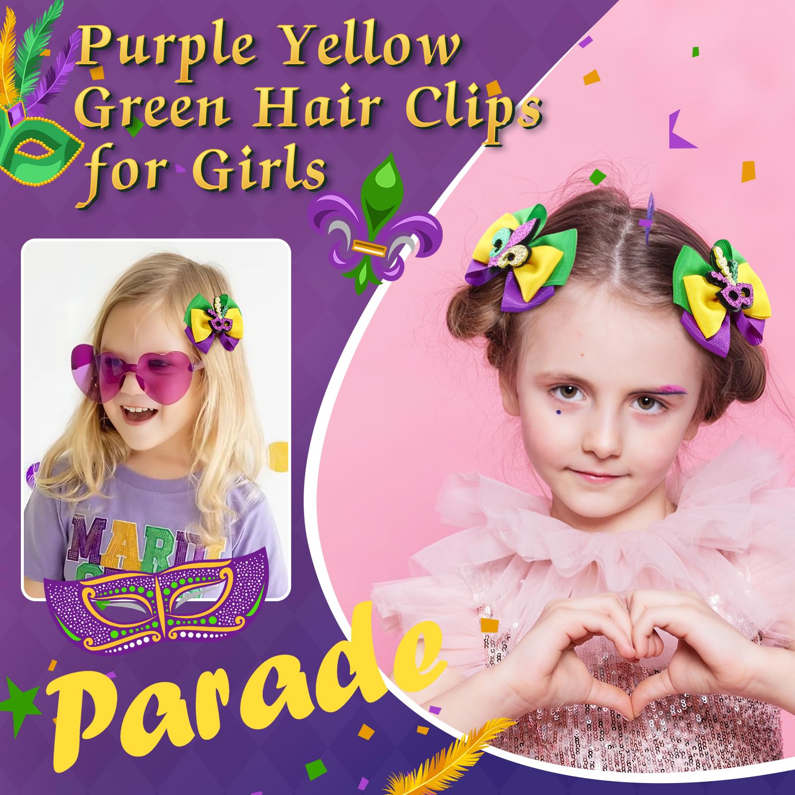 CN Mardi Gras hair bows 4.3 inches suitable for various hairstyles