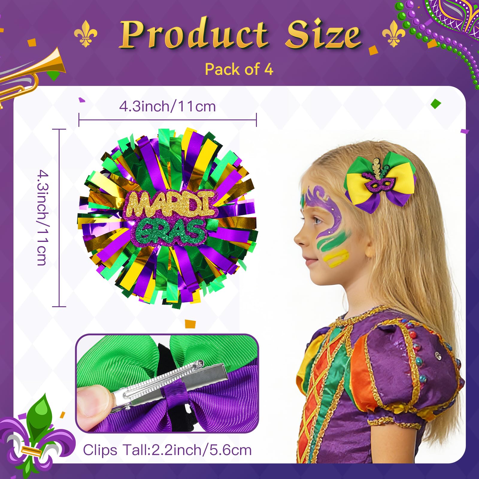 CN Mardi Gras alligator clip hair bow for secure wear