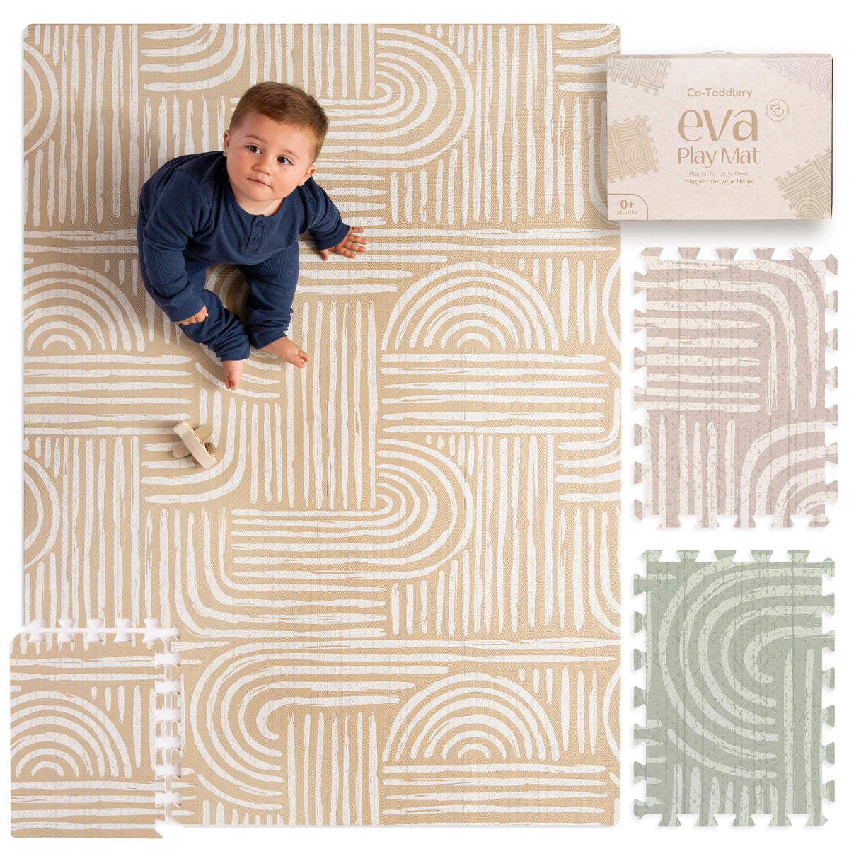 Co-Toddlery baby play mat tiles interlock for a seamless tummy time area.