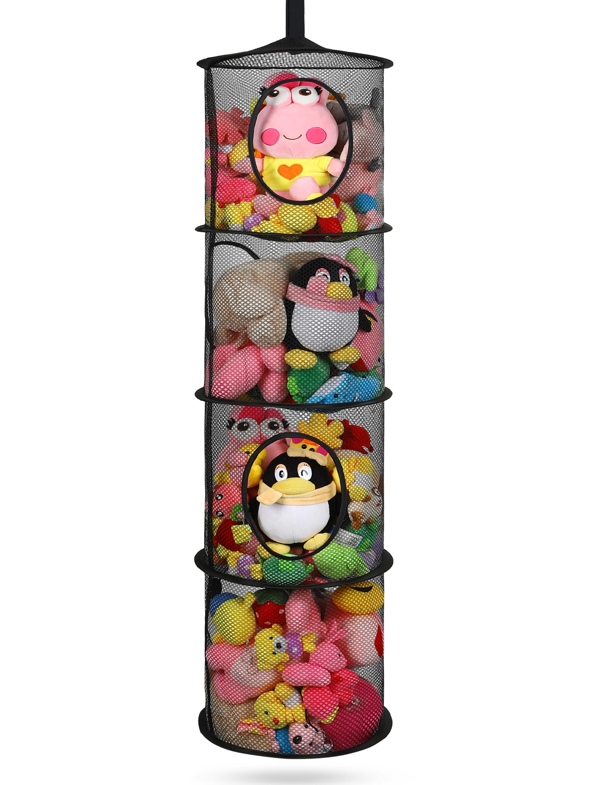 Coastal Rose hanging stuffed animal storage neatly holds four compartments for plush toys.