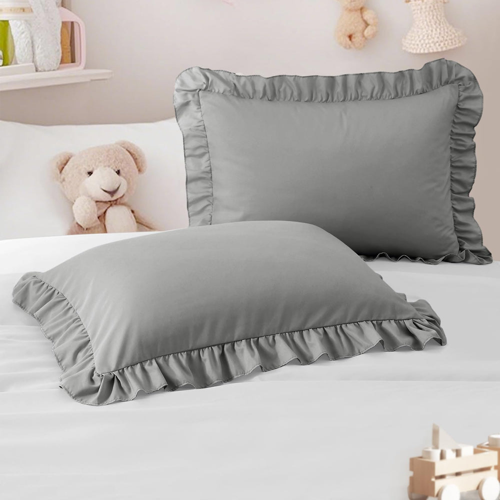 Cobedzy toddler pillowcase with dark gray ruffle edge; ultra-soft microfiber.