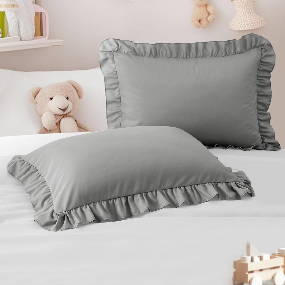 Cobedzy toddler pillowcase with dark gray ruffle edge; ultra-soft microfiber.