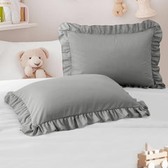 Cobedzy toddler pillowcase with dark gray ruffle edge; ultra-soft microfiber.