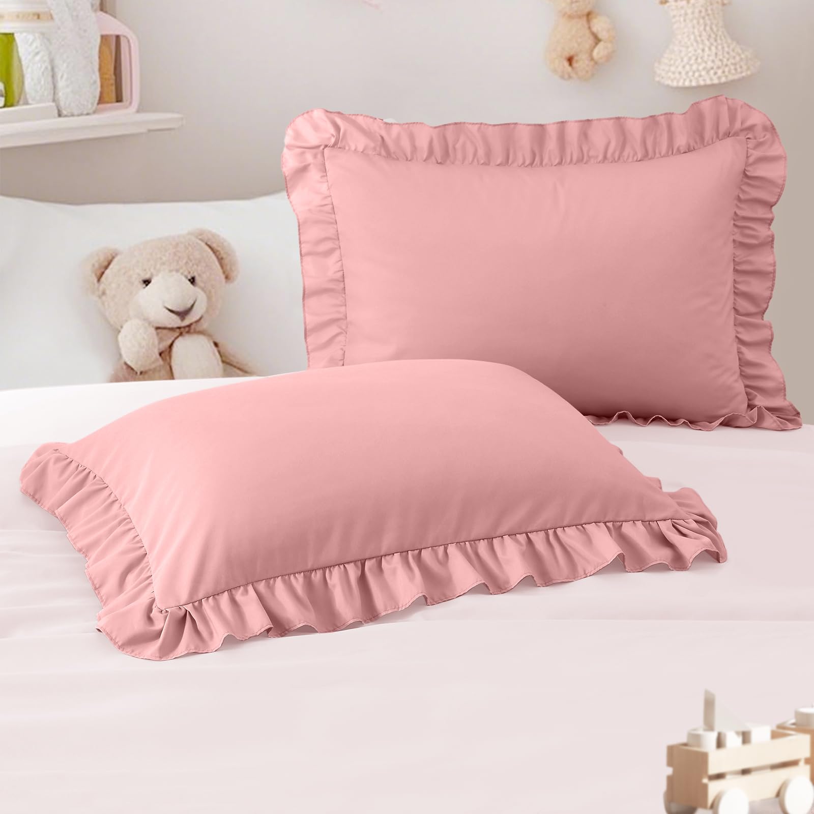 Cobedzy toddler pillowcase with ruffle edge in pink for stylish coziness